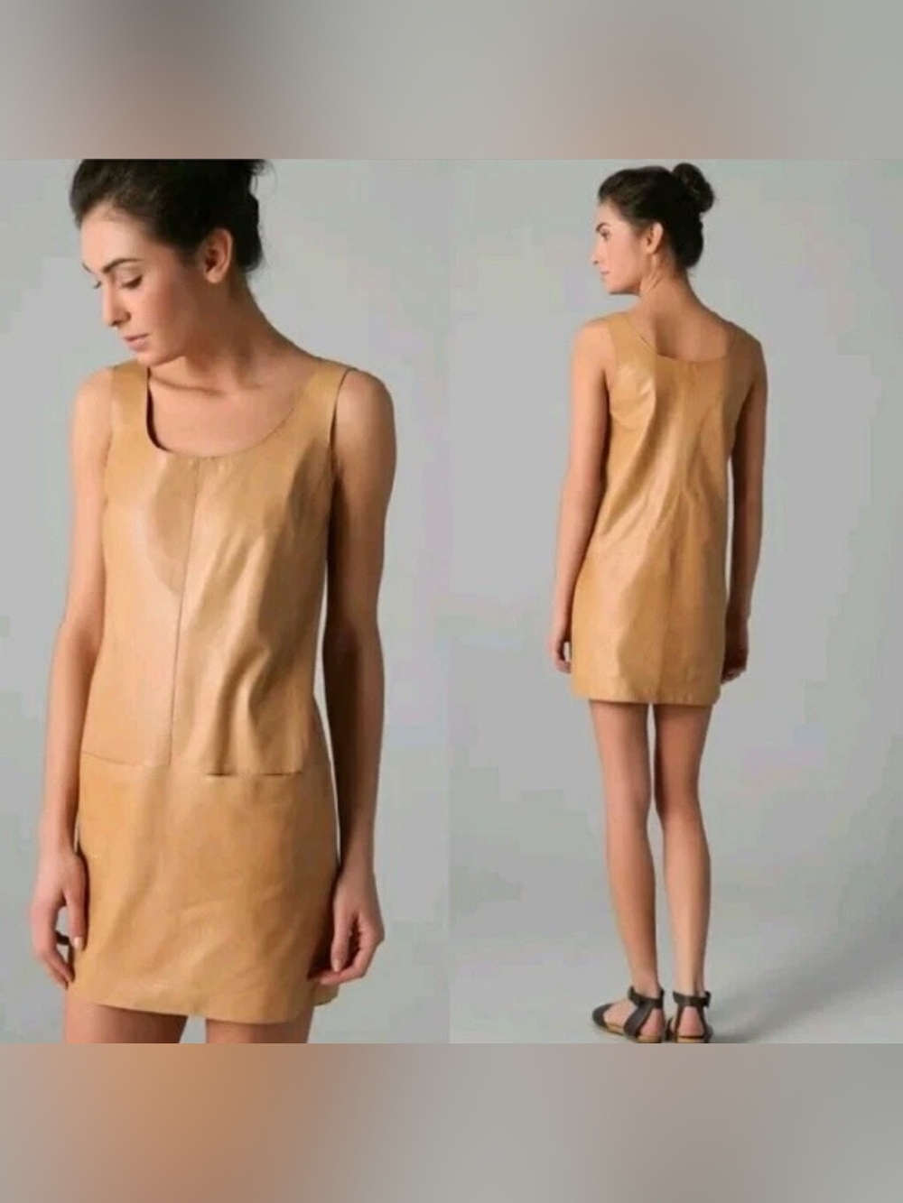 Vince Tan Leather Scoop Neck Shift Dress Front Pockets Size 12 - Picture 3 of 15